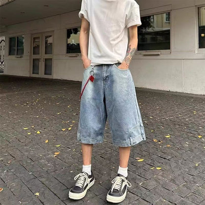 Hip Hop Retro Waist Inverted Design Men Denim Shorts Instagram Gothic Street Apparel Loose Straight Leg Pants Sports Pants