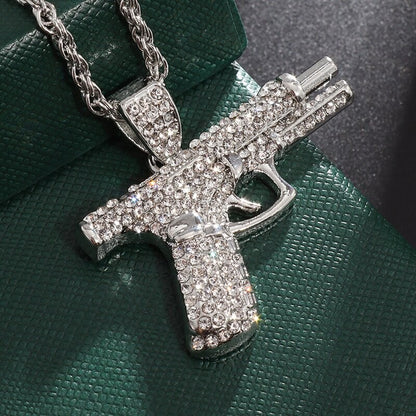 Pingente de Pistola com Gelo Cravejado Bling Colar de Metralhadora Masculino Personalidade Hip Hop Rock Punk Joia Legal para Festa de Rua Presente
