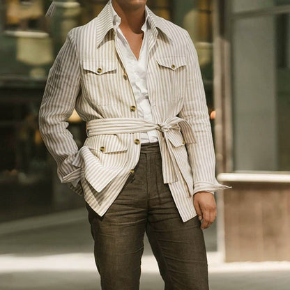 New 2025 Spring Autumn Men's Clothing Trend Striped Multi-pocket Men Cardigan Suit Jackets Business Casual Lace-up Coats for Men