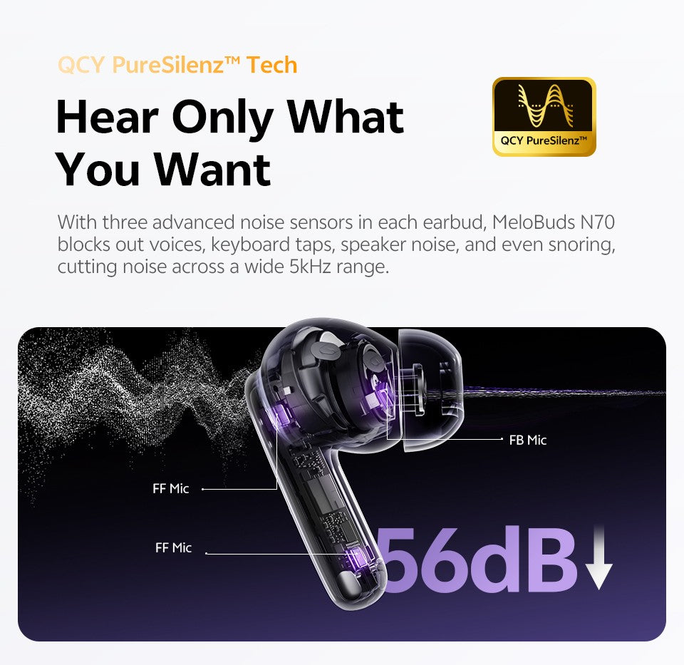 QCY MeloBuds N70 Adaptive ANC Wireless Earbuds Bluetooth 6.0 LDAC Hi-Res Audio 6 Mics Wireless Charging Earphones 50Hrs IPX5