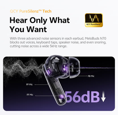 QCY MeloBuds N70 Adaptive ANC Wireless Earbuds Bluetooth 6.0 LDAC Hi-Res Audio 6 Mics Wireless Charging Earphones 50Hrs IPX5