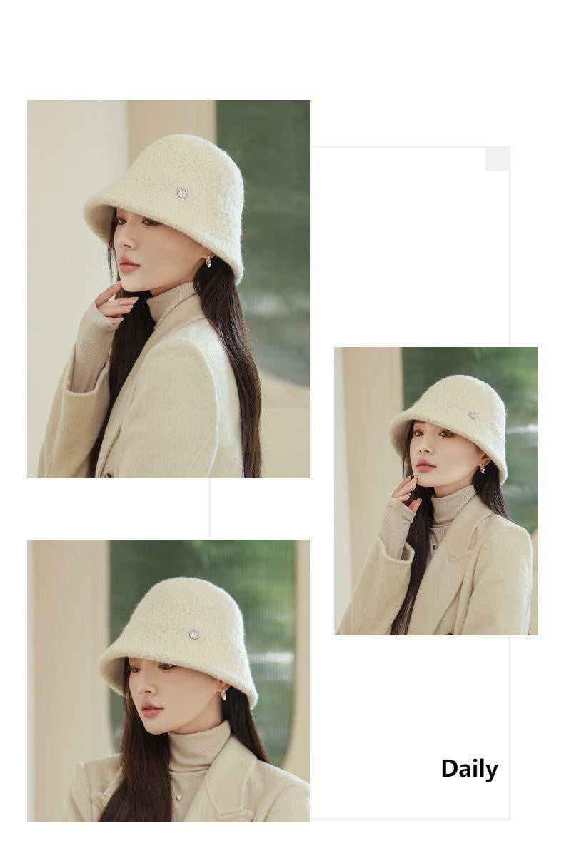 Chapéu Bucket Feminino Outono Inverno Lã Aba Larga Quebra-Sol Bob Cap Manter Quente Casual Vintage Acessórios de Chapéu Feminino