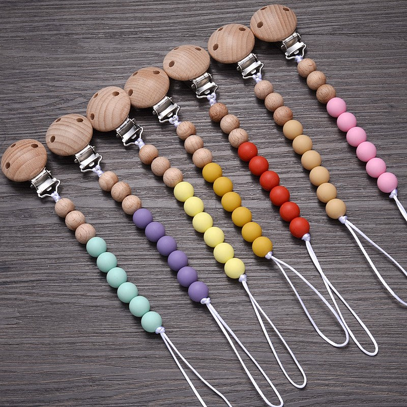 Handmade Beech Wood Baby Pacifier Chain Round Silicone Beads Infant Appease Soother Clips Anti-Drop Dummy Holder Nipple Clip
