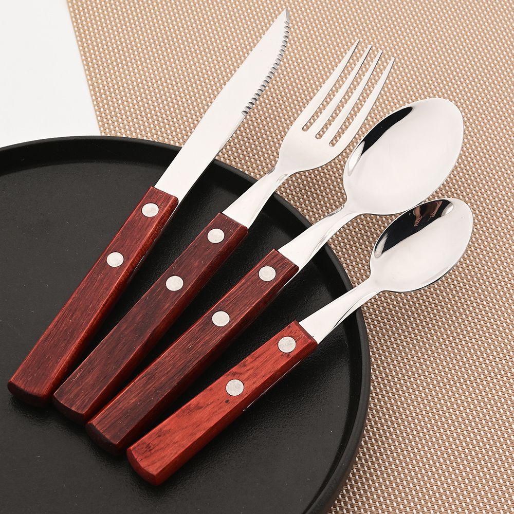 JANKNG 304 Stainless Steel Fork with Wooden Handle Tableware Cutlery Mirror Dinnerware Flatware Silverware Kitchen Accessories