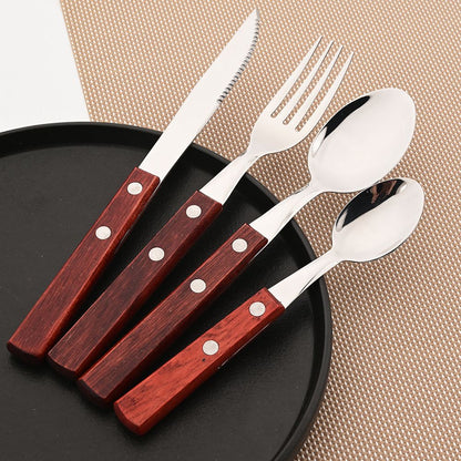 JANKNG 304 Stainless Steel Fork with Wooden Handle Tableware Cutlery Mirror Dinnerware Flatware Silverware Kitchen Accessories