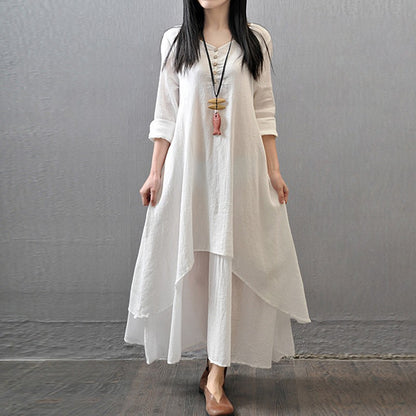Summer Women Boho Vintage cotton and linen pocket dress Fake Two-piece Literary Irregular Large Swing Dress Robe double-layer