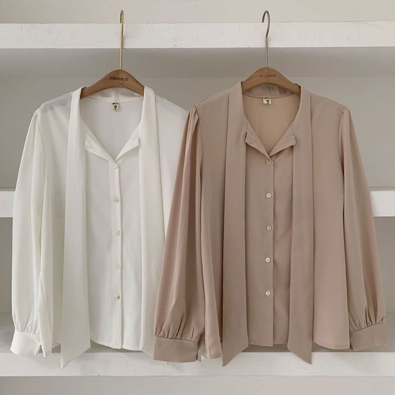 Bow Tie Chiffon Shirts Casual Long Sleeve White Blouse Women's Elegant Business Loose Blouses Ladies Spring and Autumn Chic Tops