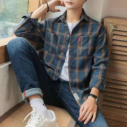 Long Sleeve Men's Shirt and Blouse Cargo Clothes with Pocket Plaid Male Top Luxury Button Aesthetic Sleeves Fashion 2025 Vintage