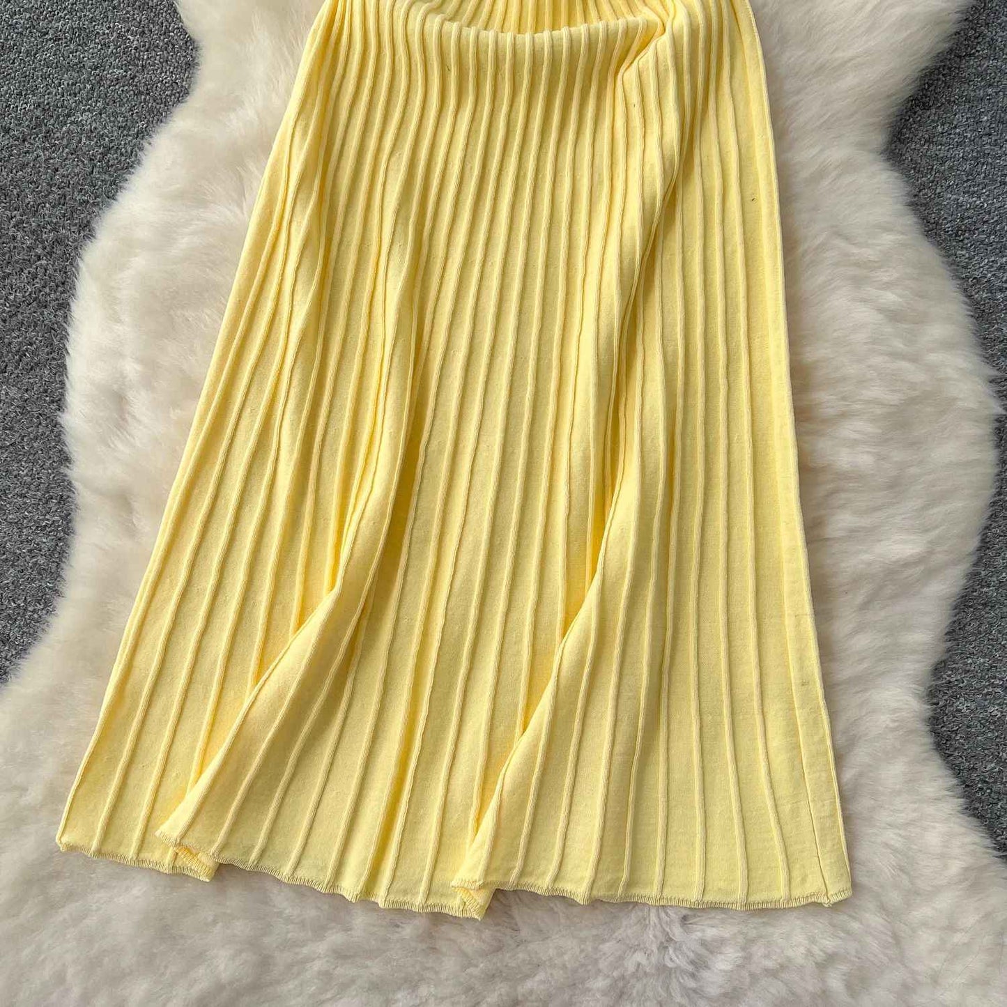 Knitted Pleated Long Dress High Waist Midi Sling Dress Elegant Sleeveless Yellow