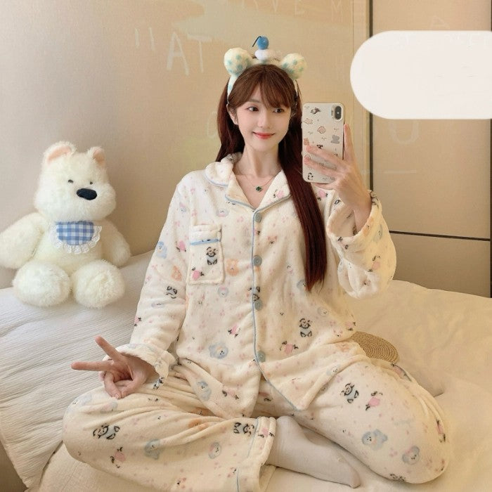 Winter Pajamas Lapel Neck Women's Pajamas Long Sleeve Kawaii Dog Warm Sleepwear Harajuku Style Cute Casual Pajamas Two-Piece