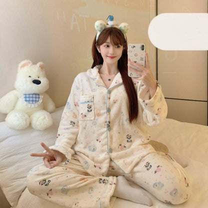 Autumn Winter New Pajamas Lapel Neck Long Sleeve Colourful Dot Print Warm Sleepwear Thick Casual Pajamas Coral Fleece Two-Piece