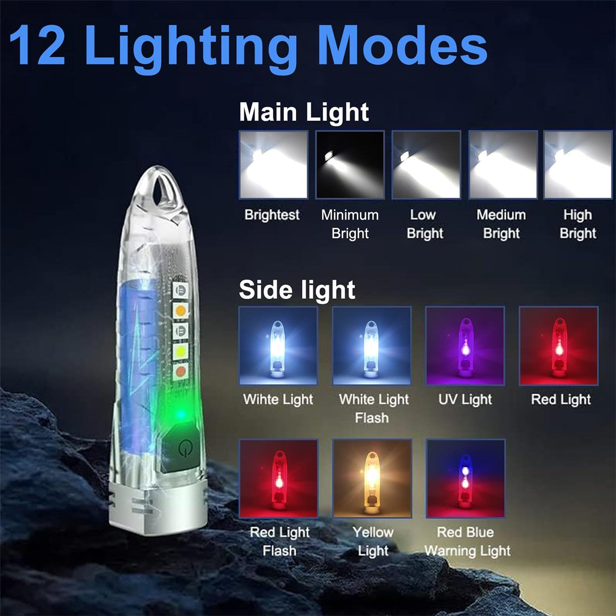 EDC Flashlight 400LM Uv Light Waterproof Usb Rechargeable Small Keychain Pocket Camping Work Mini Led Emergency Portable Outdoor