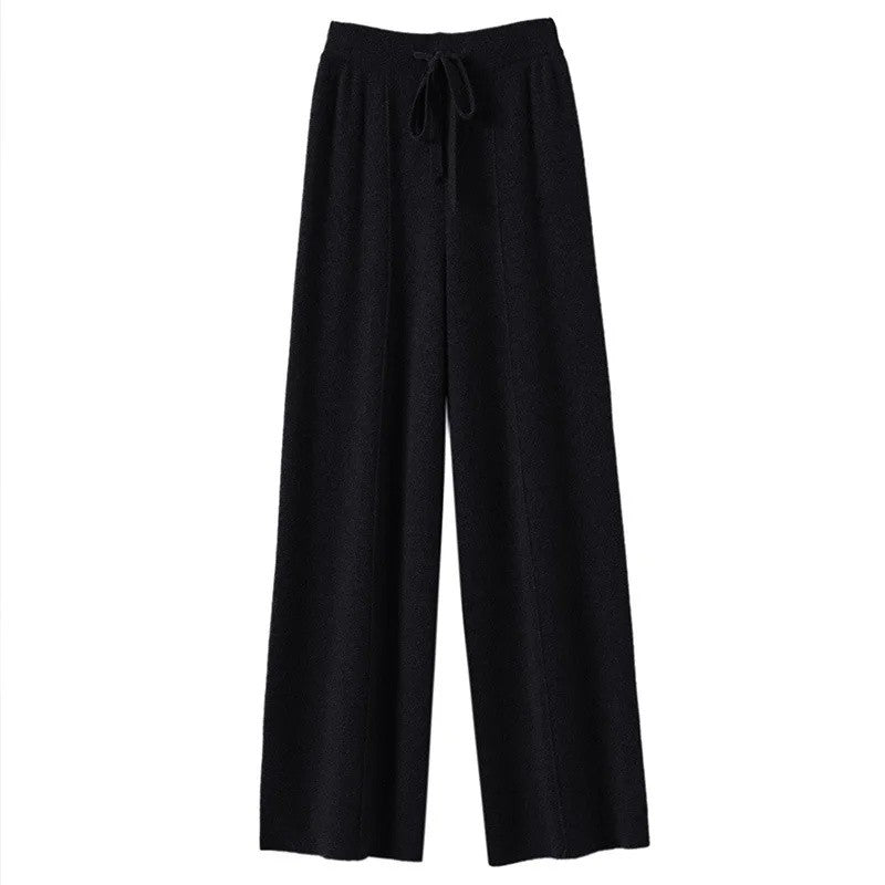 High Waist Wide Leg Pants Mid-Seam Knitted Trousers Drawstring Waist Belted Floor-Length Pure Color Versatile Autumn Winter Casu