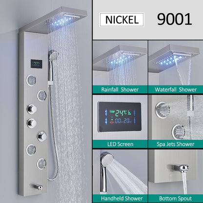 Sistema de Torre de Painel de Chuveiro de LED Coluna de Chuveiro de Cascata de Chuva com Tela LCD de Hidroeletricidade com Torneira de Chuveiro de Spa de Corpo com Massagem