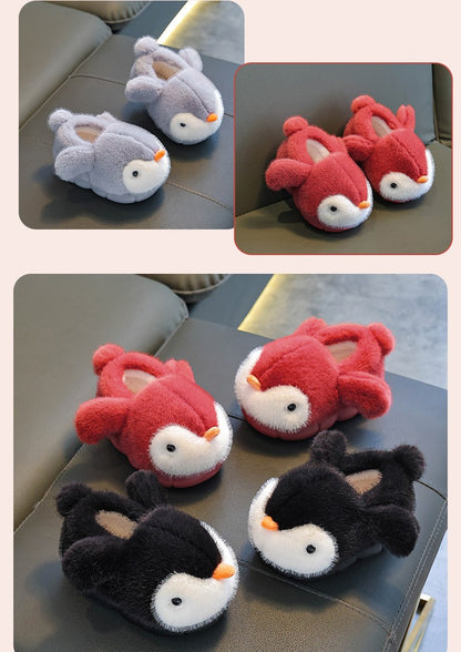 Cute Penguin Boys' Girls' Cotton Slippers 2025 New Winter Fashion Children's Eva Cotton Shoes Non Slip Warm Velvet Home Slippers
