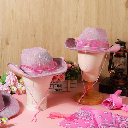 6-48Pcs Sparkly Cowboy Hat for Wedding Bachelorette Party Cowgirl Hats with Bandanas Heart Sunglasses Western Party Supplies