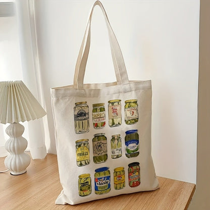 1pcs Pickle Pattern Tote Bag Trendy Casual Shoulder Bag Vintage Canned Pickles Tote Bag Funny Canvas Shoulder Bags