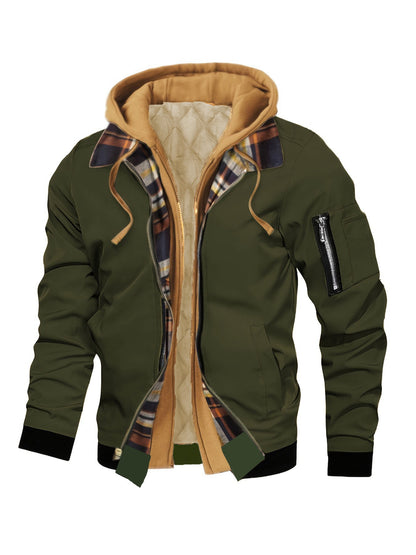 Jaqueta masculina de moletom com capuz outono inverno casual cor sólida falsa de duas peças com zíper e manga comprida quente