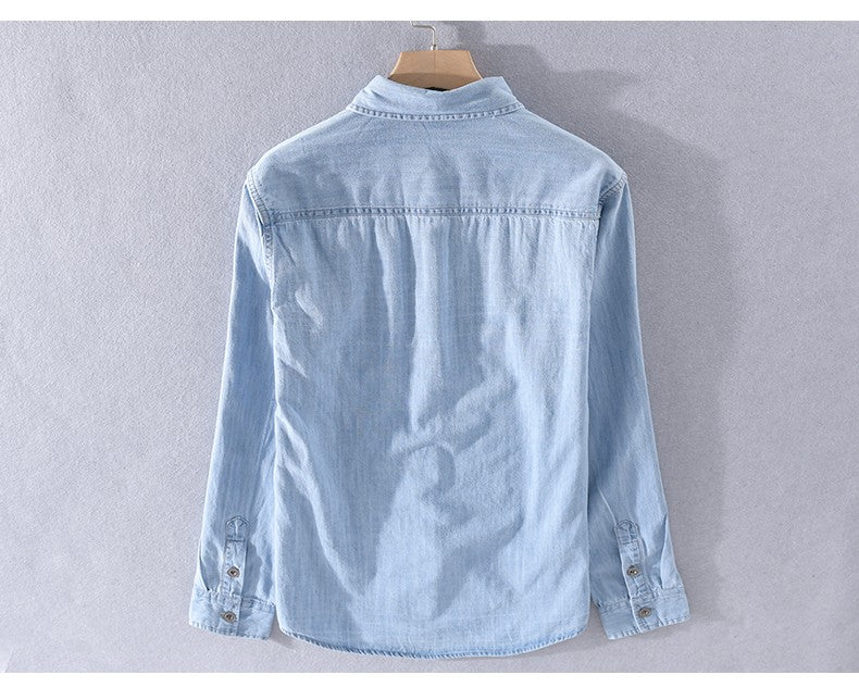 Spring Japanese Sle Loose Casual Long Sve Men's Denim irt Vintage Simple Outerwear Youth Faion Stand Fit Button up
