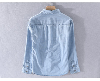 Spring Japanese Sle Loose Casual Long Sve Men's Denim irt Vintage Simple Outerwear Youth Faion Stand Fit Button up