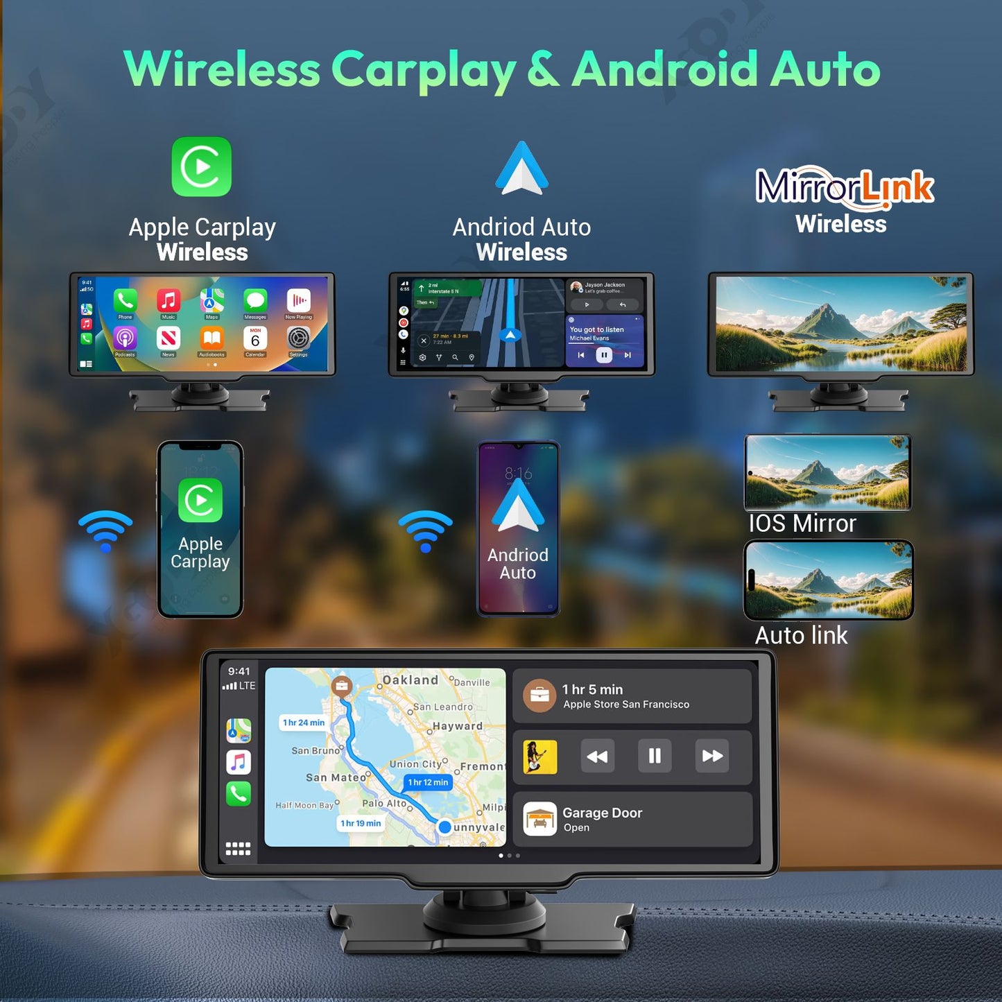 Gravador de vídeo automotivo DVR com tela sensível ao toque de 10,26" 4K, Apple CarPlay sem fio, Android Auto, lente dupla, câmera dupla DVR