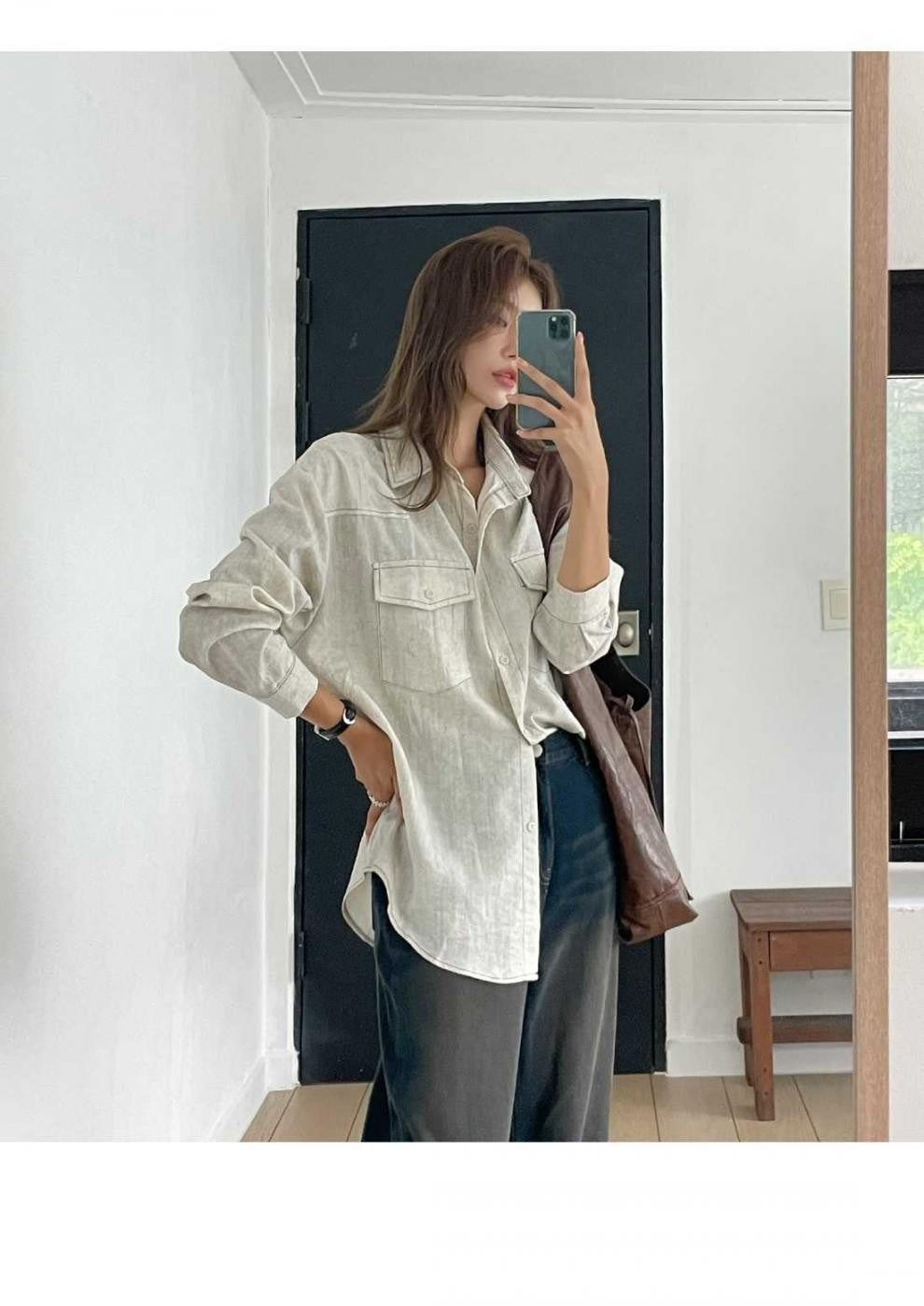 Loose Long Sleeve Casual Denim Shirt Korean Style Loose Fit Shoulder Casual Shirt Pure Color Shirt City Style Commute Shirt