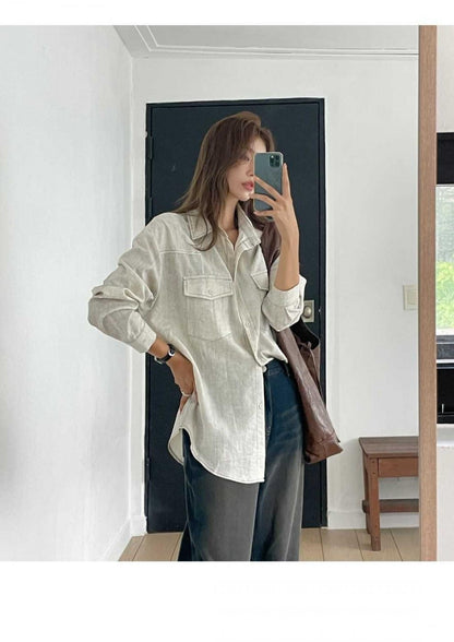 Loose Long Sleeve Casual Denim Shirt Korean Style Loose Fit Shoulder Casual Shirt Pure Color Shirt City Style Commute Shirt
