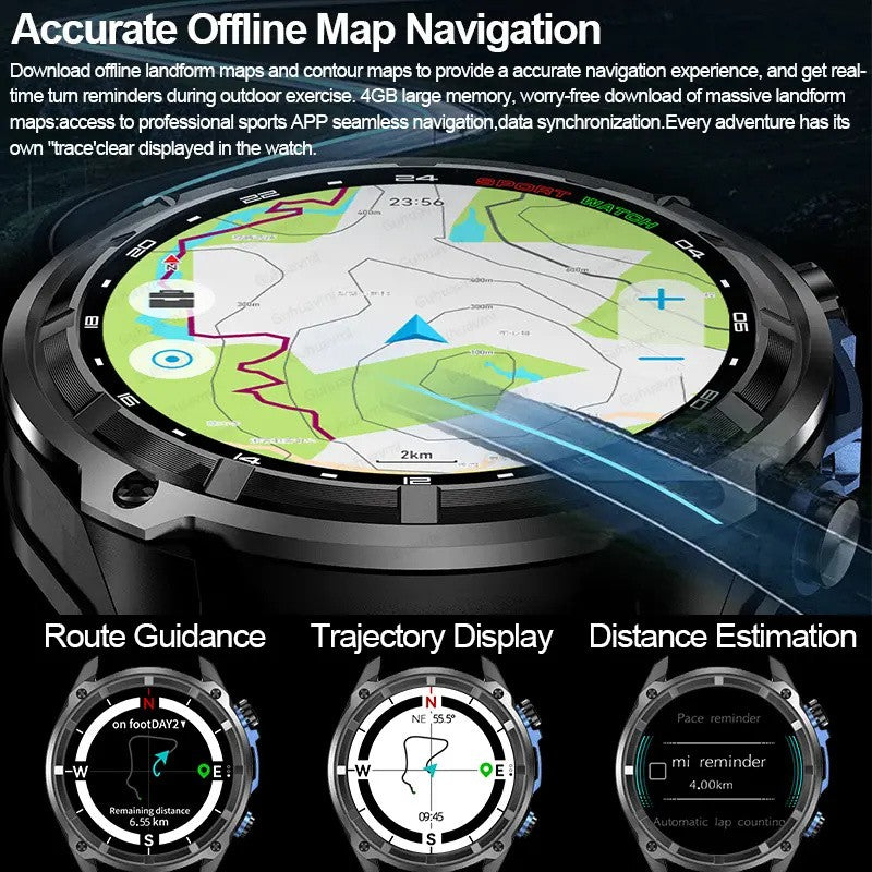 2025 Novo GPS Smartwatch Mapas Offline 4GB Memória Reprodutor de Vídeo Pulseira Inteligente Esportiva Militar Masculina à Prova d'Água 50m Safira