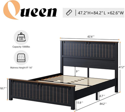 Armação de Cama Queen Size Estilo Fazenda com Porta de Celeiro Deslizante, Armação de Cama Plataforma Rústica de Madeira com Cabeceira Alta de 1,20m, Antirruído