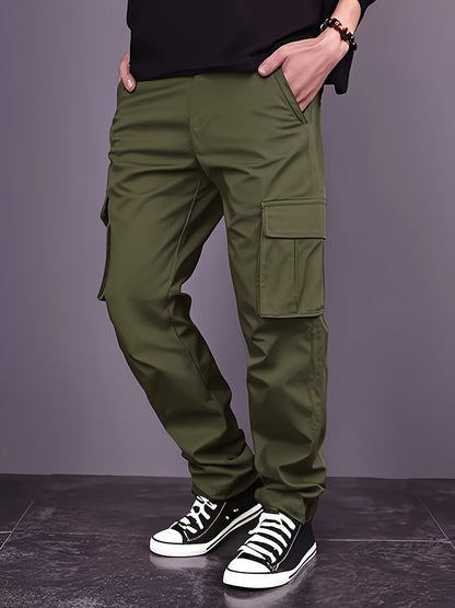 Calça masculina reta de brim com cordão na cintura e bolsos para trabalho casual