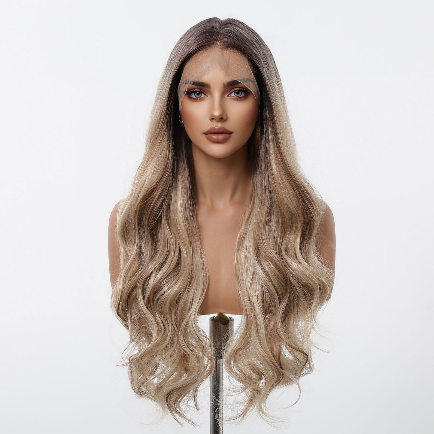HENRY MARGU Peruca Frontal Lisa Ondulada Marrom Mista Longa Peruca Sintética Natural Ondulada 13x4 Frontal de Renda Cabelo Falso para Mulheres Raiz Escura