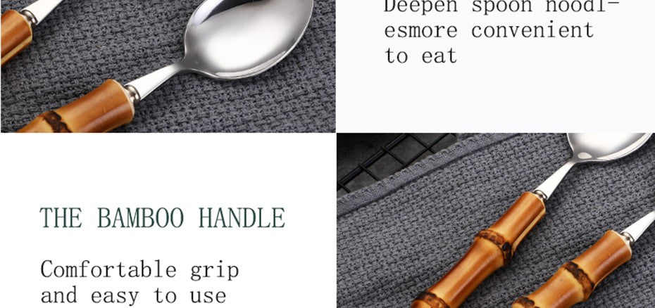 Conjunto de Talheres com Cabo de Bambu Natural, Talheres de Aço Inoxidável, Talheres de Cozinha, Inclui Garfos Colheres Facas Talheres