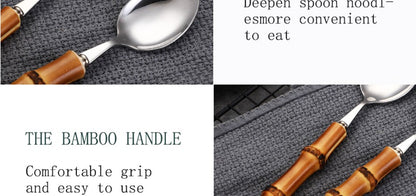 Conjunto de Talheres com Cabo de Bambu Natural, Talheres de Aço Inoxidável, Talheres de Cozinha, Inclui Garfos Colheres Facas Talheres