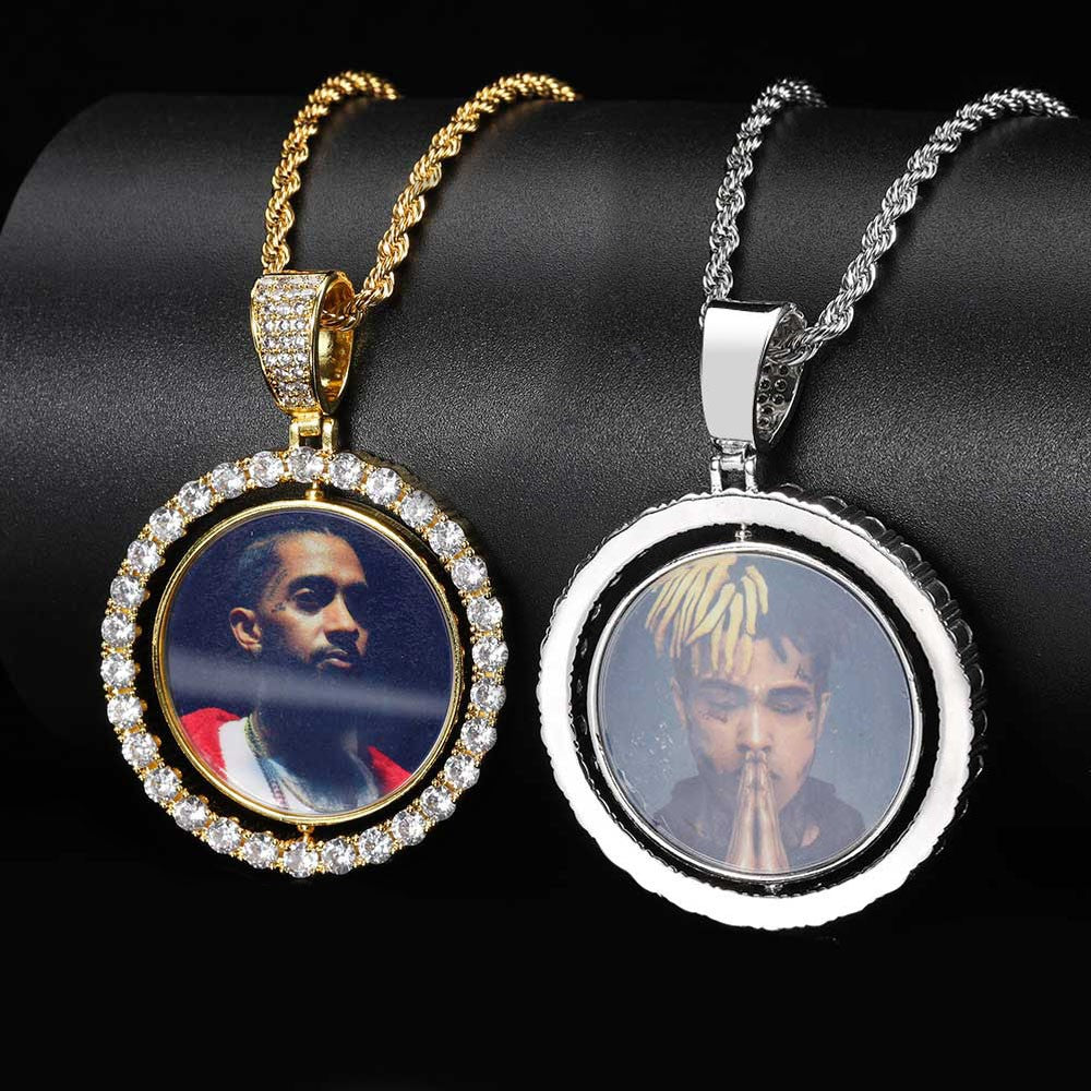 Wholesale Custom Photo Pendant Memory Medallions Rotary Double-Sided Picture Necklace Hip Hop Iced Jewelry Personalized Gift