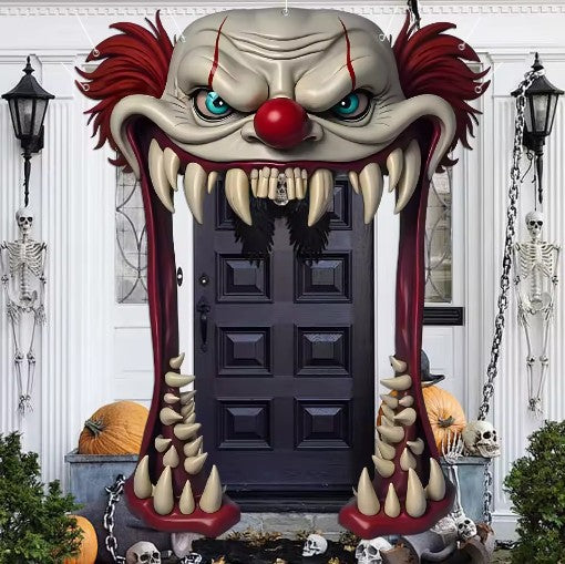 Halloween Horror Clown Door Arch Frame Decor Giant Fangs Monster Mouth Haunted House Bar Patio Outdoor Spooky Hanging Ornament