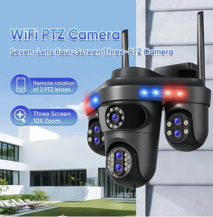 Câmera IP WiFi GEYUNE 35MP 4 Telas 7 Lentes Zoom 10X Câmera de Segurança PTZ Sem Fio Externa Câmera de Vigilância CCTV com Rastreamento Automático