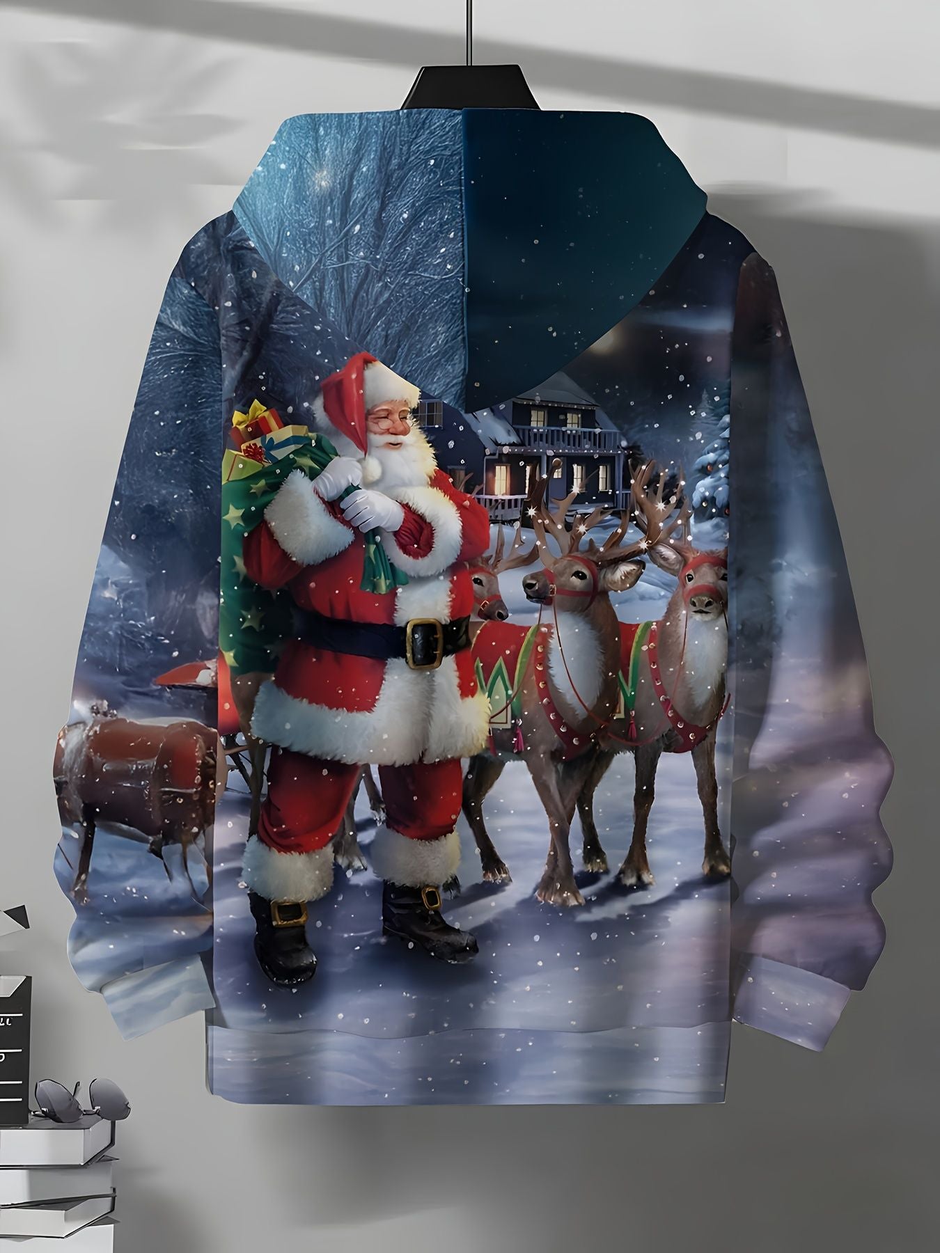 Ultimate Christmas Vibe | Men's Casual Hooded Sweatshirt for Autumn | Santa & Reindeer Design| For Party & Daily Wear