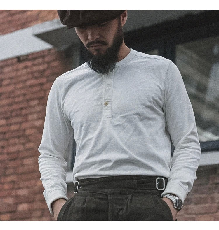 Bronson 350g Heavyweight L/S Henley Shirt Vintage Plain Base T-Shirt For Men