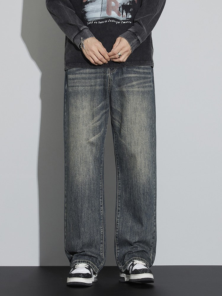 Calças Jeans Masculinas Folgadas de Algodão Perna Larga Retrô Estilo Urbano Coreano Reta Lavada Calças Jeans de Marca de Alta Qualidade