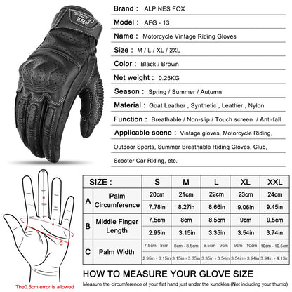 Luvas de Couro Perfurado Retrô de Verão para Motocicleta Masculino Feminino Luvas de Dedo Completo para Motocross Motoqueiro Guantes Moto Equipamento M-XXL