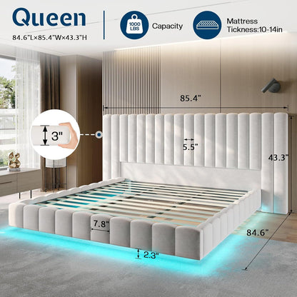 Cama Queen com Luzes de LED e Cabeceira Estofada Grande, Plataforma Moderna de Veludo com Design Flutuante, Não Precisa de Box