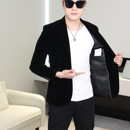 Gold Velvet Suit Men's Trendyy Performance Suit Spring & Fall All Year Round Slim Thin Youth Dress Groomsmen Groom's Dress Wedding Party Suit