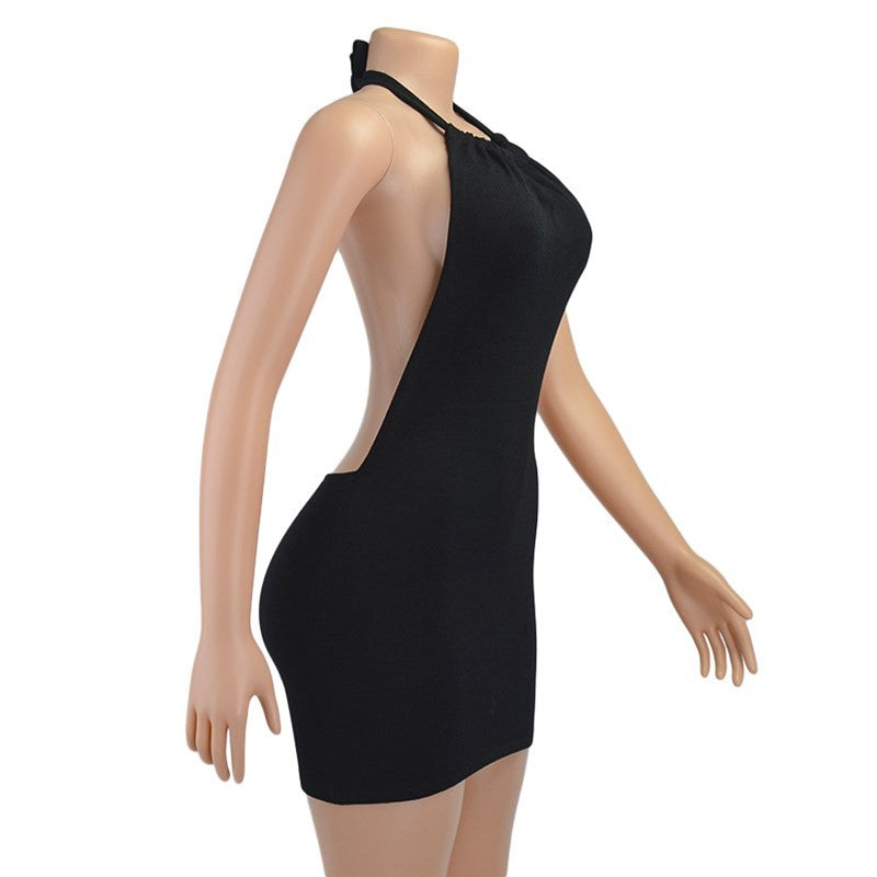 Black Bodycon Dress Women Halter Sexy Skinny Hollow Out Backless Mini Dresses Ho