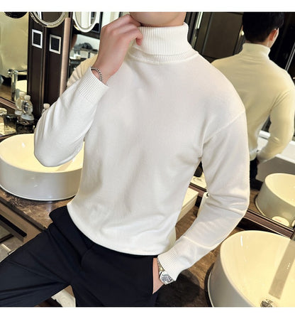 Korean Fashion Autumn Winter Sweaters Men Pullovers Fleece Turtleneck Knitted Sweatshirt Warm Bottoming Shirts