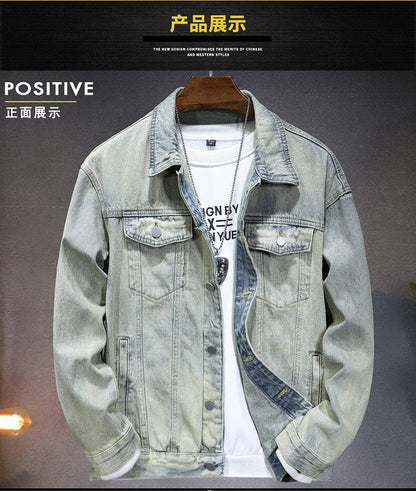 Men's casual denim jacket for spring and fall, metallic single-breasted denim jacket size M-5XL
