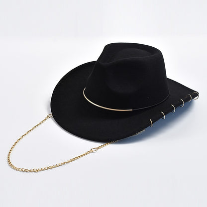 Chapéus Fedora Retrô Femininos Masculinos Chapéu de Jazz em Feltro com Corrente de Metal Aba Curva Chapéu de Cowboy Ocidental Sombrero Hombre