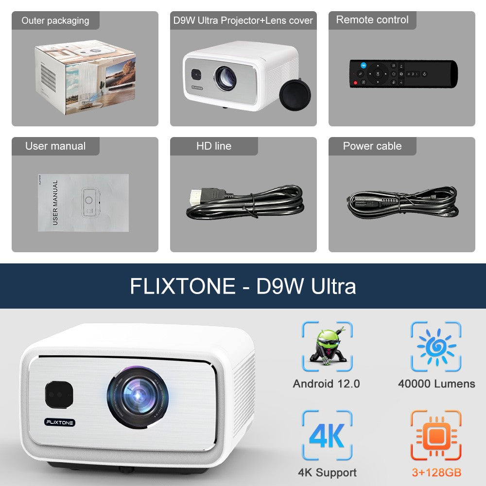 Projetor FlixTone D9W Ultra 3000 ANSI Full HD 1080P para Filmes Android WiFi 6 Home Theater Projetor Beam para Vídeos ao Ar Livre