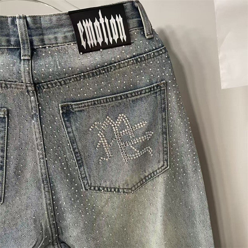 Calça Jeans Masculina Blue Washed MIXED EMOTION Hot Drill Letter Retrô Americana Calça Jeans Feminina Mixed Emotion