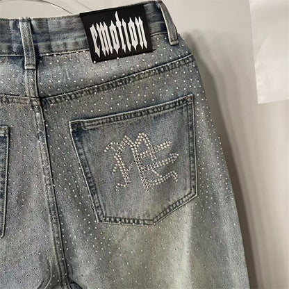 Calça Jeans Masculina Blue Washed MIXED EMOTION Hot Drill Letter Retrô Americana Calça Jeans Feminina Mixed Emotion