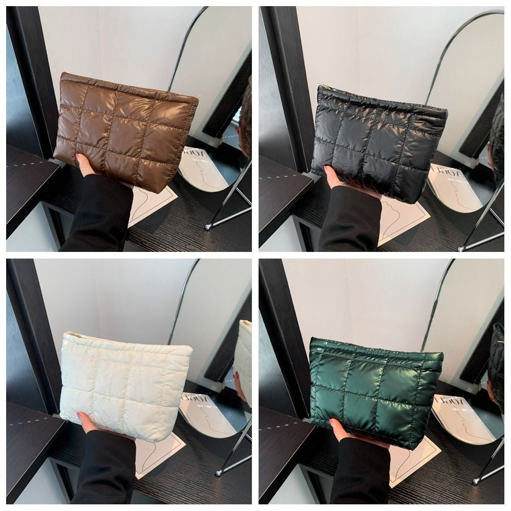 Cotton Filled Puffer Pouch Large Capacity PU Leather Puffer Padded Makeup Bag Sewn Korean Style Thick Plaid Clutch Bag Work